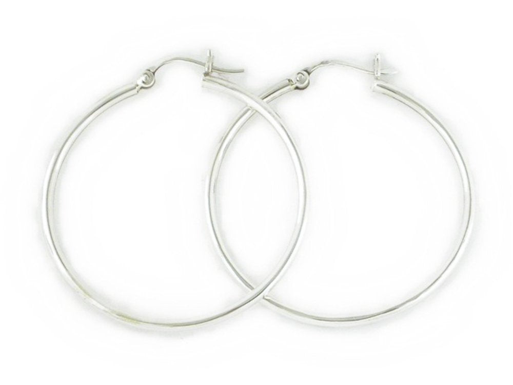 Sterling Silver Polished Round Tube Creole Hoop Earrings with Snapdown Posts - 2MM Thickness - 18mm, 22mm, 25mm, 30mm, 40mm, 50mm, 60mm, 65mm, 70mm, 80mm, 90mm & 100mm