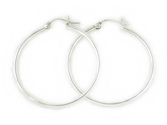 Sterling Silver Polished Round Tube Creole Hoop Earrings with Snapdown Posts - 2MM Thickness - 18mm, 22mm, 25mm, 30mm, 40mm, 50mm, 60mm, 65mm, 70mm, 80mm, 90mm & 100mm