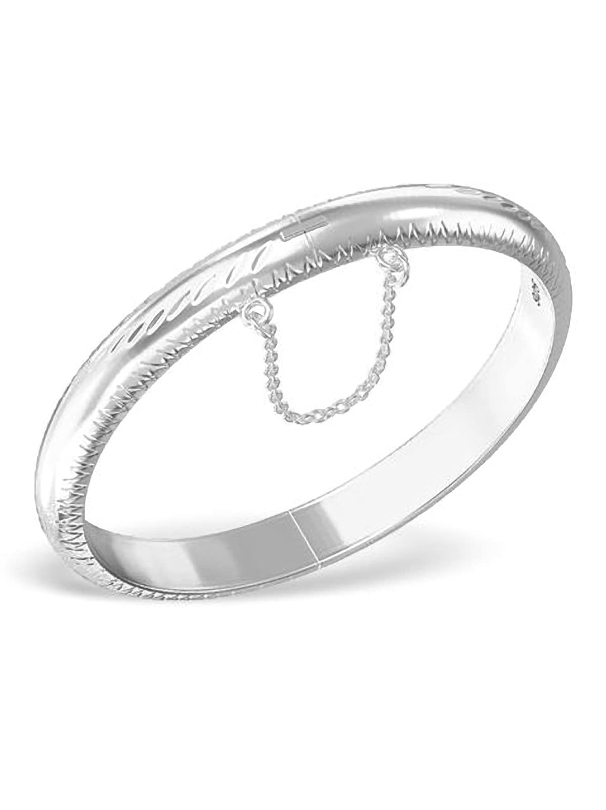 Diamond Cut Engraved/Etched Pattern Hinged Bangle Bracelet With Safety Chain for Baby/Chil 