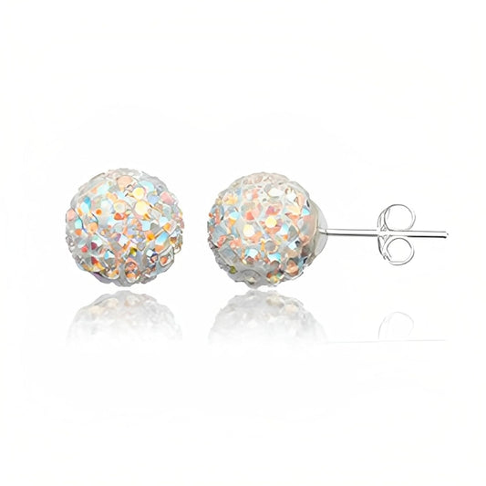 8MM WOMENS Sparkly Disco Ball Sterling Silver Stud Earrings ##aurora-ab