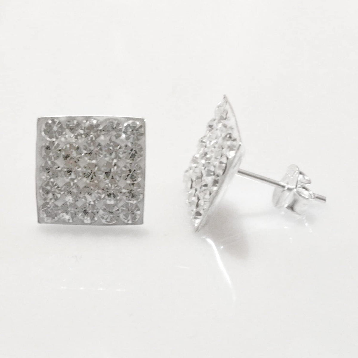 10MM Bling LADIES Square Micro Pave Austrian Crystal Sterling Silver Stud Earrings/Ear Studs for Women/Teenage/Girls - 925 Sterling Silver - White/Clear