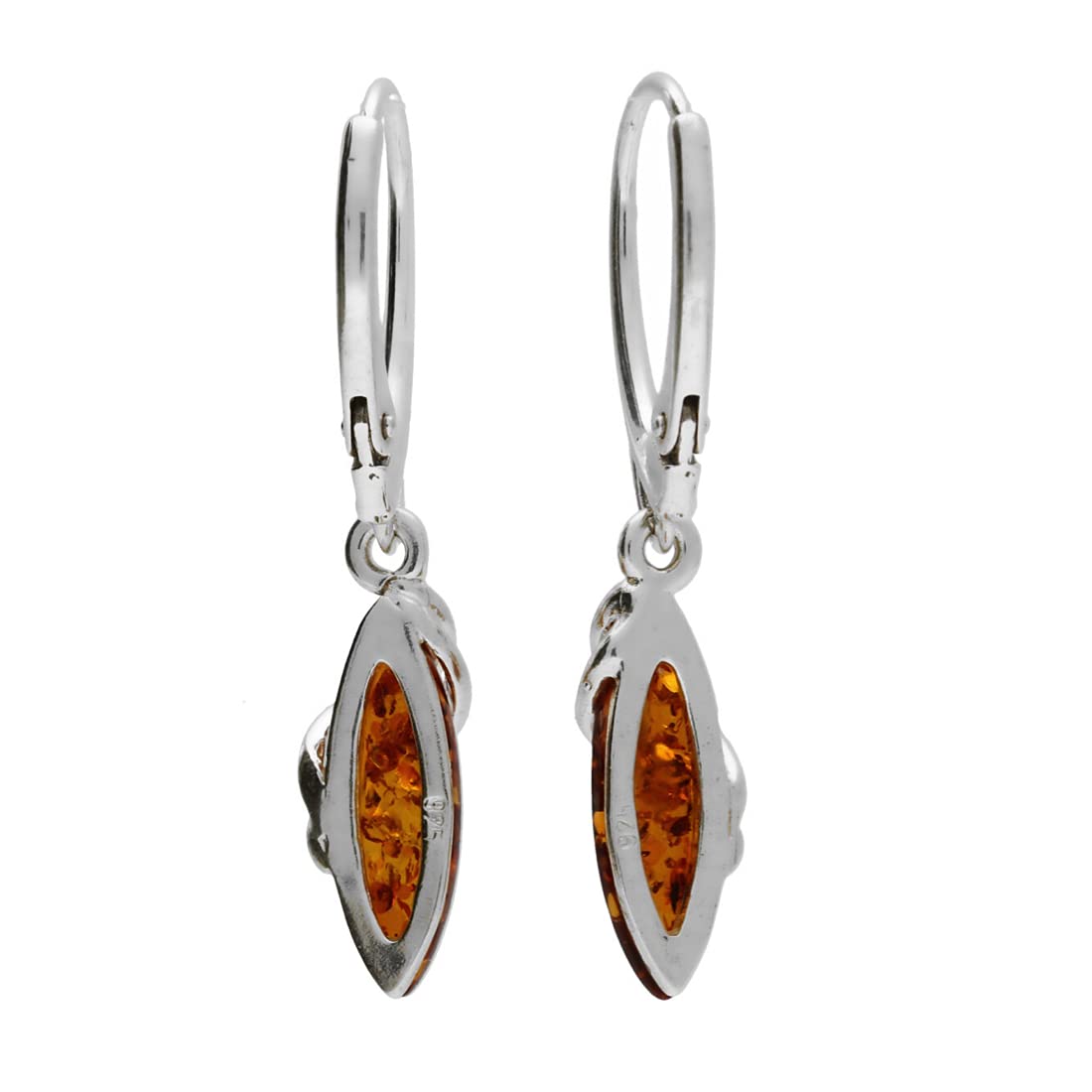 Enwrapped Teardrop Baltic Honey Orange Amber Lever Back Sterling Silver Dangly/Dangle Drop Earrings for Women Ladies Girls - Fancy Art Deco Earrings. 070346