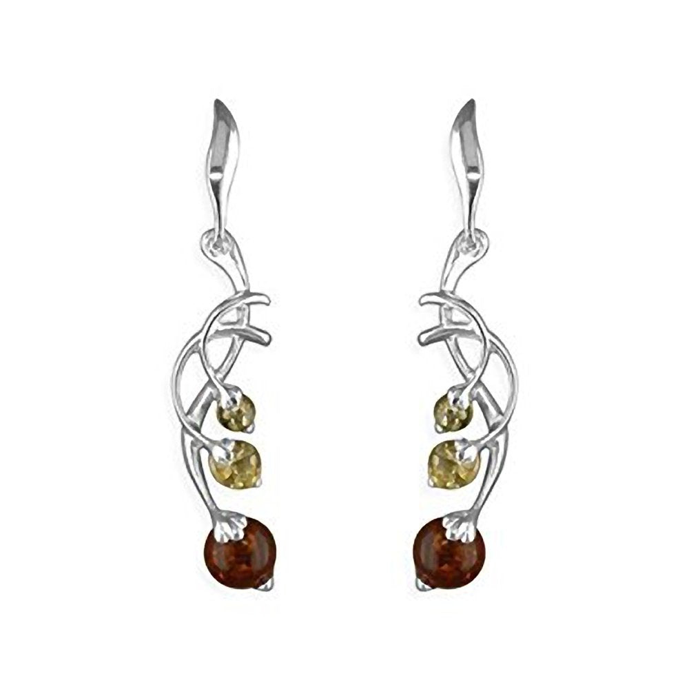 Mixed Amber Spray Fancy Dangly/Dangle Drop Sterling Silver Earrings for Women/Teenage/Girls - Mixed Orange/Yellow/Green Amber - Weight: 3.2 Grams. 080173