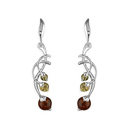 Mixed Amber Spray Fancy Dangly/Dangle Drop Sterling Silver Earrings for Women/Teenage/Girls - Mixed Orange/Yellow/Green Amber - Weight: 3.2 Grams. 080173