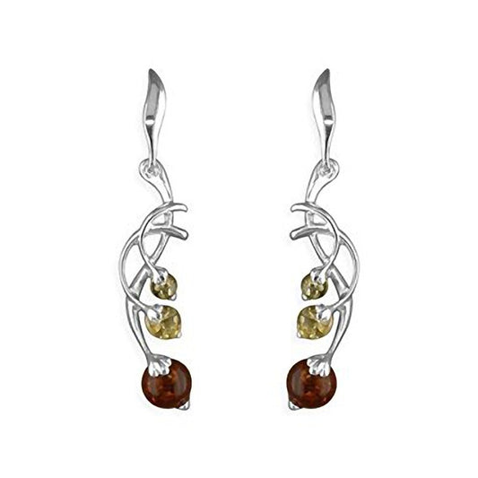 Mixed Amber Spray Fancy Dangly/Dangle Drop Sterling Silver Earrings for Women/Teenage/Girls - Mixed Orange/Yellow/Green Amber - Weight: 3.2 Grams. 080173