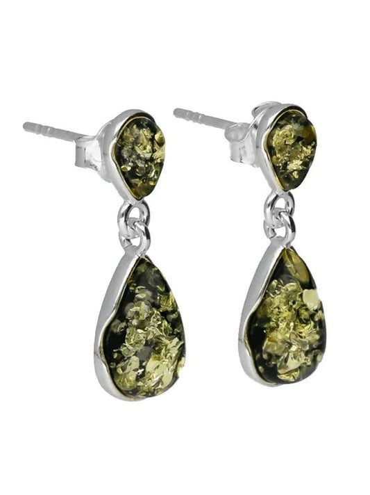 Petite Pear/Teardrop Cut Baltic Amber 925 Sterling Silver Earrings for Women/Ladies/Girls ##green