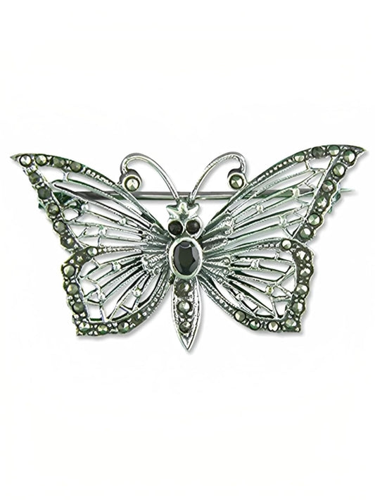 Butterfly Marcasite Cut-Out Sterling Silver Brooch - Vintage & Antique Style Brooch Pin/Clip
