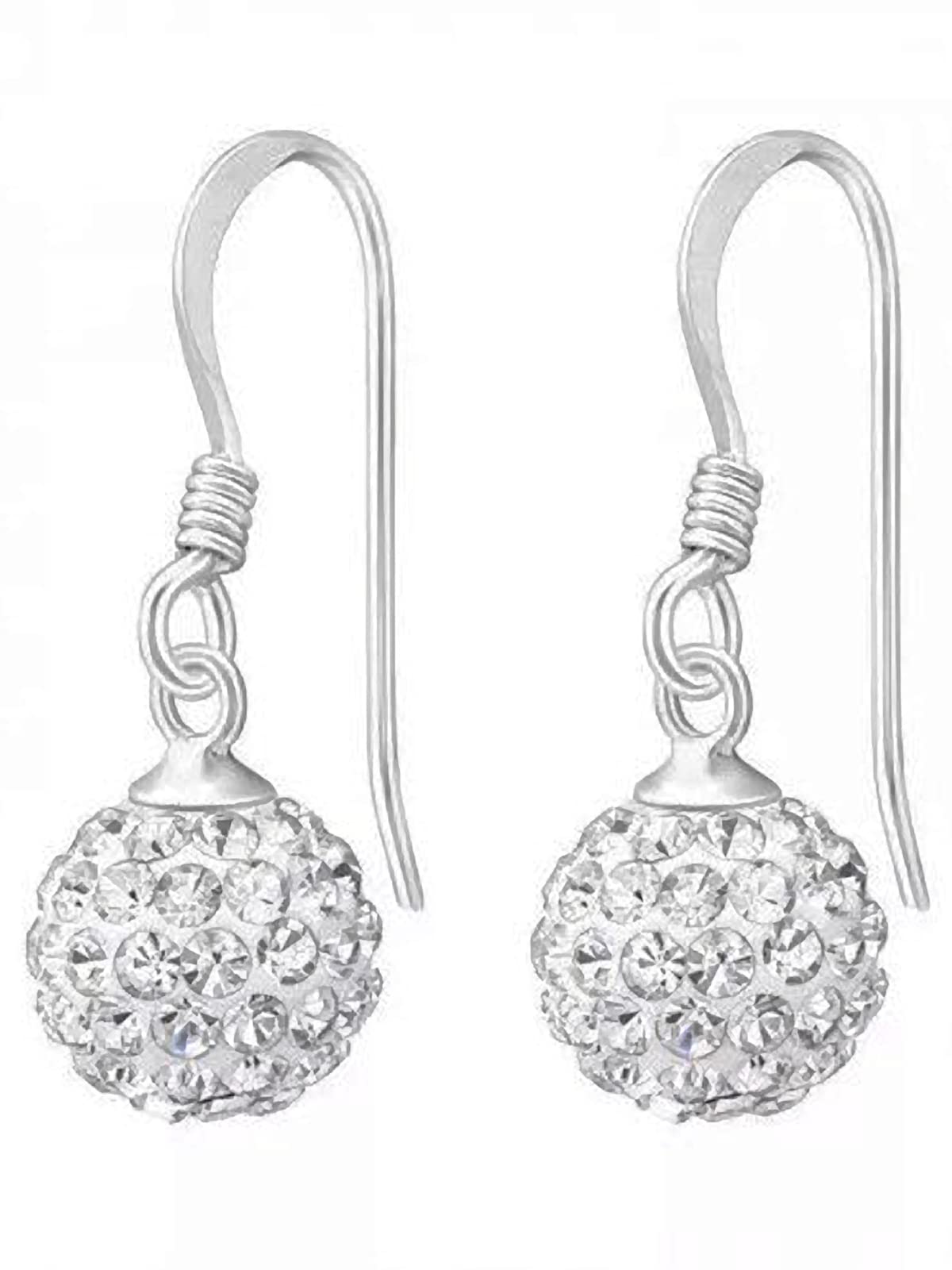 Bling 10MM WHITE Disco Ball Shamballa Style Sterling Silver Dangly Drop Hook Earrings - Austrian Crystal Earrings