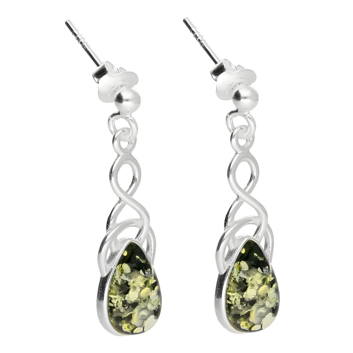 Amber Sterling Silver Earrings - Celtic Green Amber Fancy Dangly Drop Earrings for Women - 925 Sterling Silver. 080468