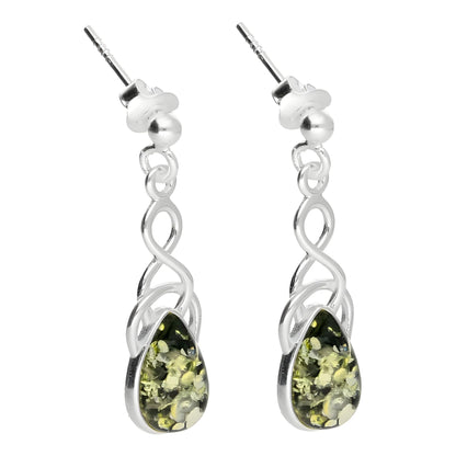 Amber Sterling Silver Earrings - Celtic Green Amber Fancy Dangly Drop Earrings for Women - 925 Sterling Silver. 080468