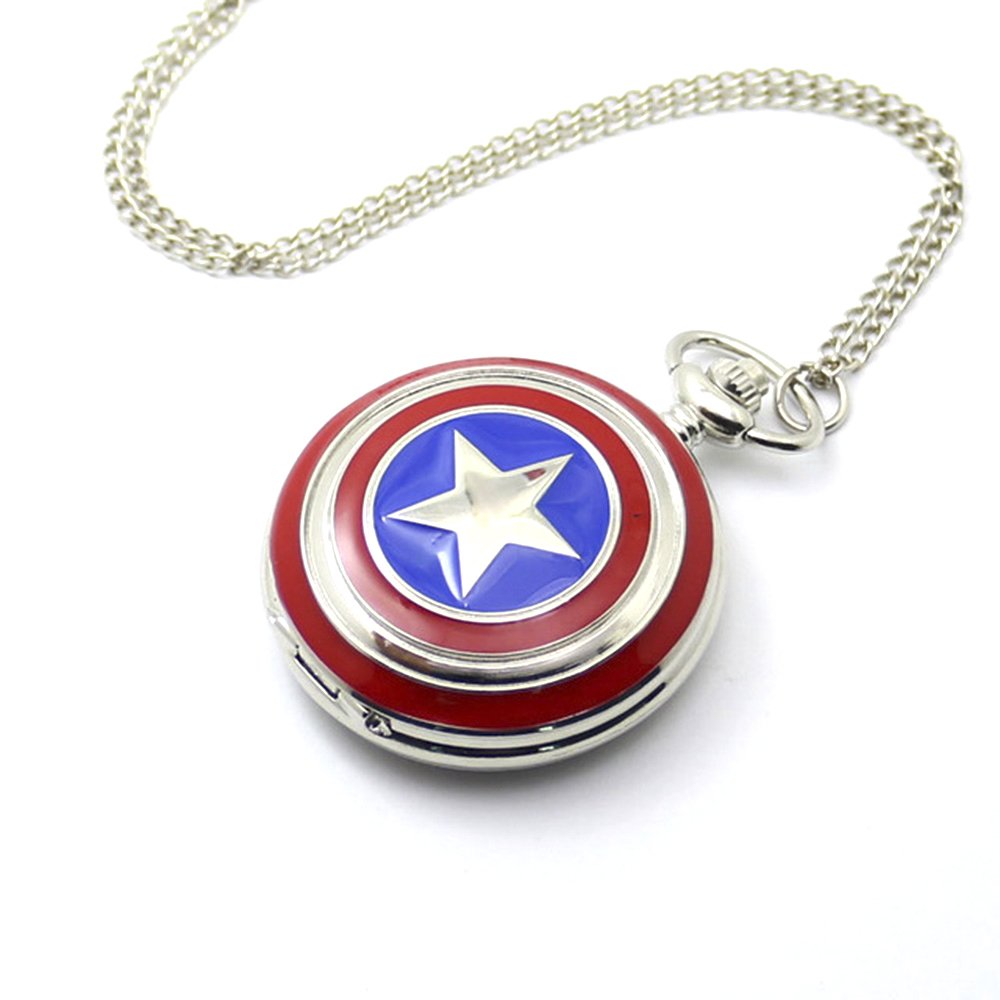 Captain America Shield Polished Silver Finish Retro/Vintage Case Men's Quartz Pocket Watch Necklace - On 32" Inch / 80cm Chain