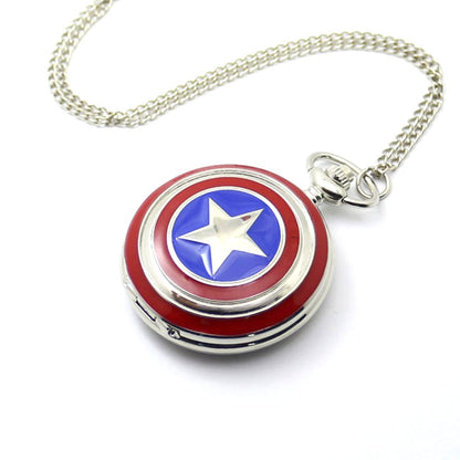 Captain America Shield Polished Silver Finish Retro/Vintage Case Men's Quartz Pocket Watch Necklace - On 32" Inch / 80cm Chain