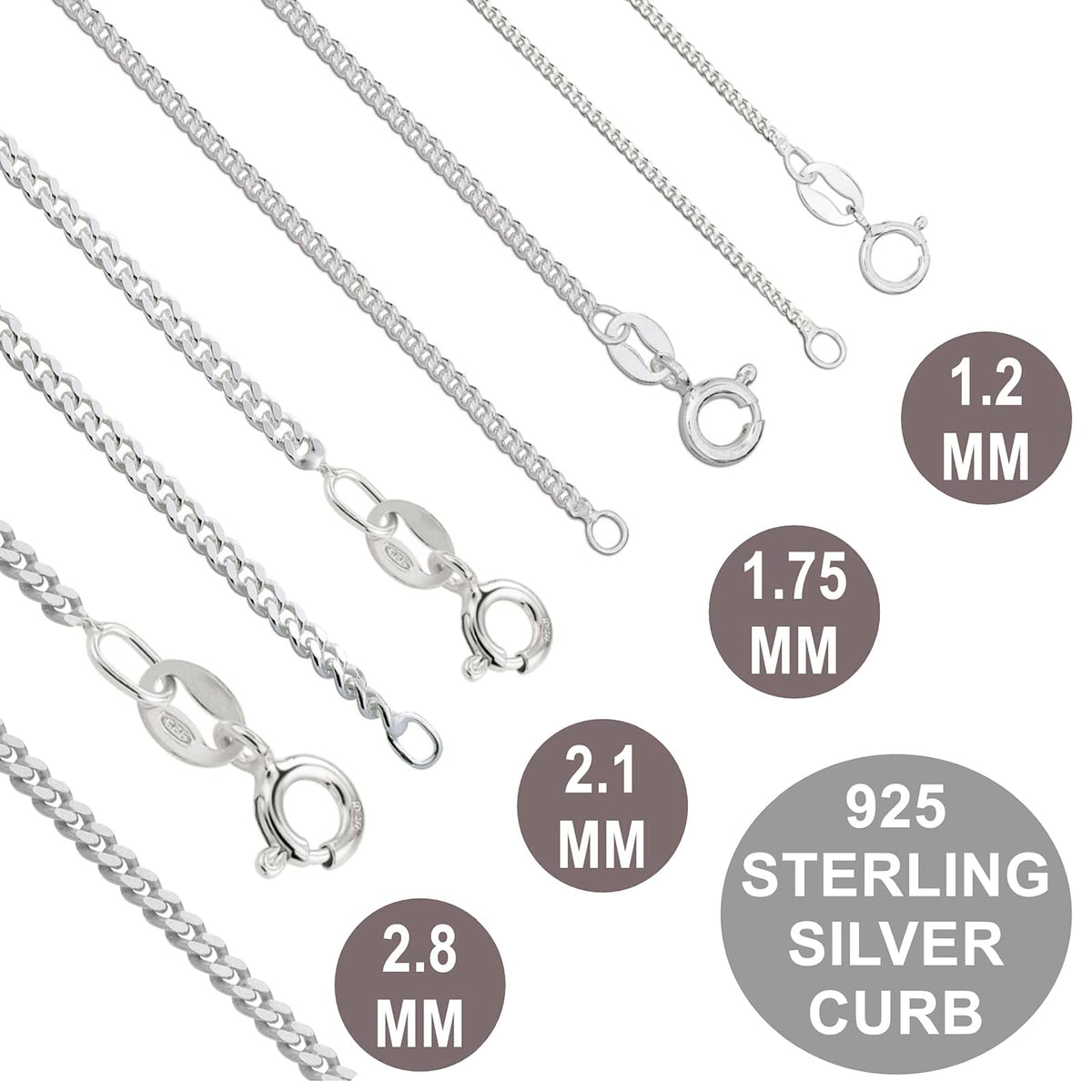 925 Sterling Silver 1.2/1.75/2.1/2.8 MM Curb Chain Necklace for Women Men Unisex - 16 18 20 22 24 26 28 30 32 34 36 38 40" Inch