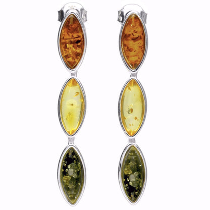Mixed Amber Sterling Silver Earrings - Unusual Long Orange Yellow & Green Amber Fancy Dangly Drop