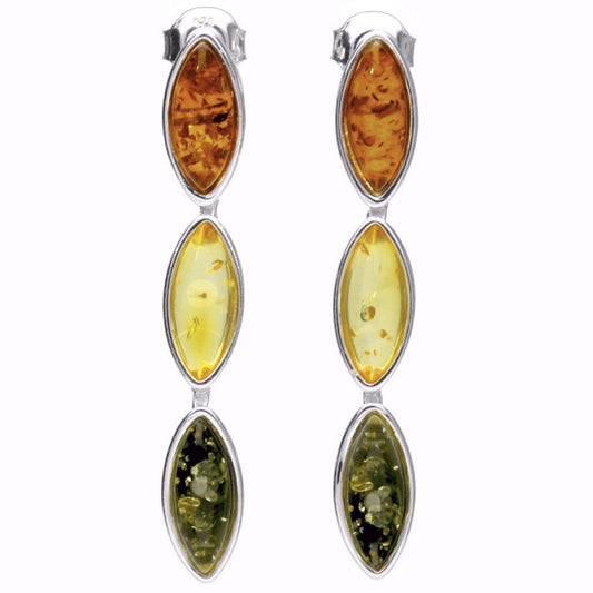 Mixed Amber Sterling Silver Earrings - Unusual Long Orange Yellow & Green Amber Fancy Dangly Drop