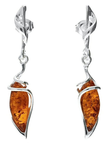 Sterling Silver Fancy Baltic Honey Dangly/Dangle Drop Amber Earrings for Women/Ladies/Girls - 925 Sterling Silver - Unusual Marquise-Shaped Cognac Amber Jewellery 070435