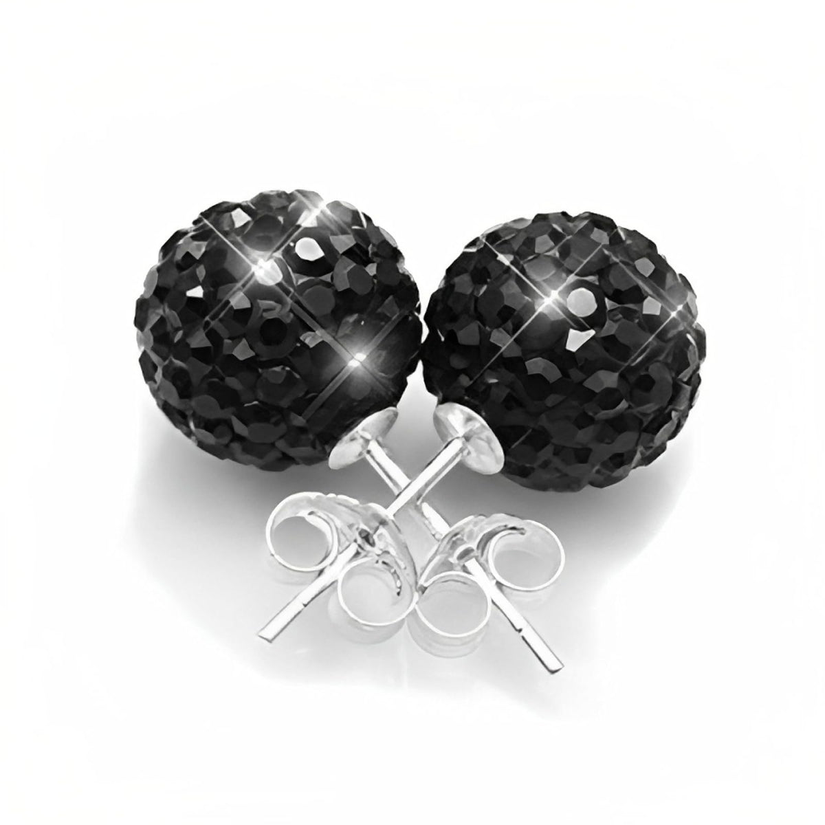 8MM Jet Black Sparkly Austrian Crystal Round Pave Disco/Glitter Ball Sterling Silver Stud Earrings/Ear Studs for Women Ladies Girls - 925 Sterling Silver
