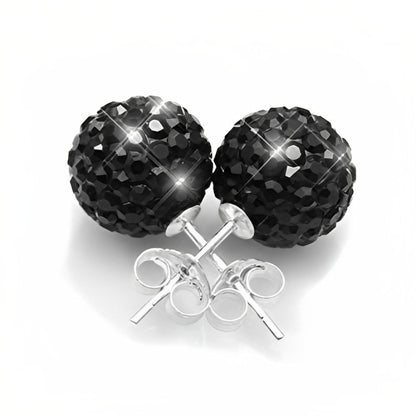 8MM Jet Black Sparkly Austrian Crystal Round Pave Disco/Glitter Ball Sterling Silver Stud Earrings/Ear Studs for Women Ladies Girls - 925 Sterling Silver