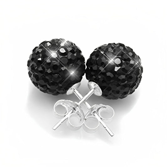 8MM Jet Black Sparkly Austrian Crystal Round Pave Disco/Glitter Ball Sterling Silver Stud Earrings/Ear Studs for Women Ladies Girls - 925 Sterling Silver