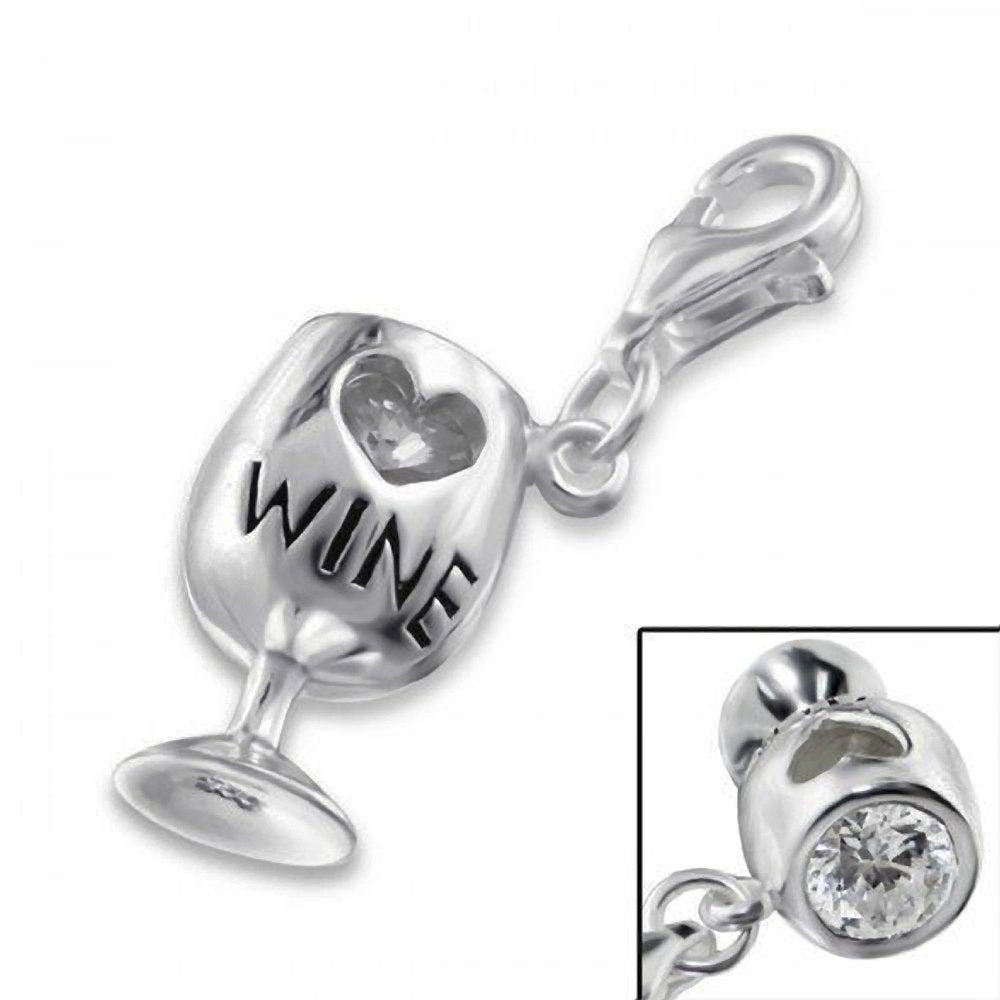 SPARKLY WINE/COCKTAIL GLASS CZ Set Sterling Silver Clip-On Clasp Charm for Women Ladies Gi 