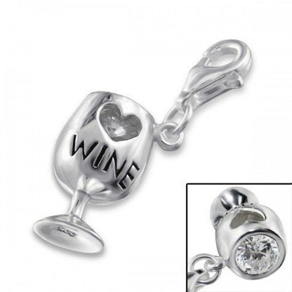 SPARKLY WINE/COCKTAIL GLASS CZ Set Sterling Silver Clip-On Clasp Charm for Women Ladies Gi 