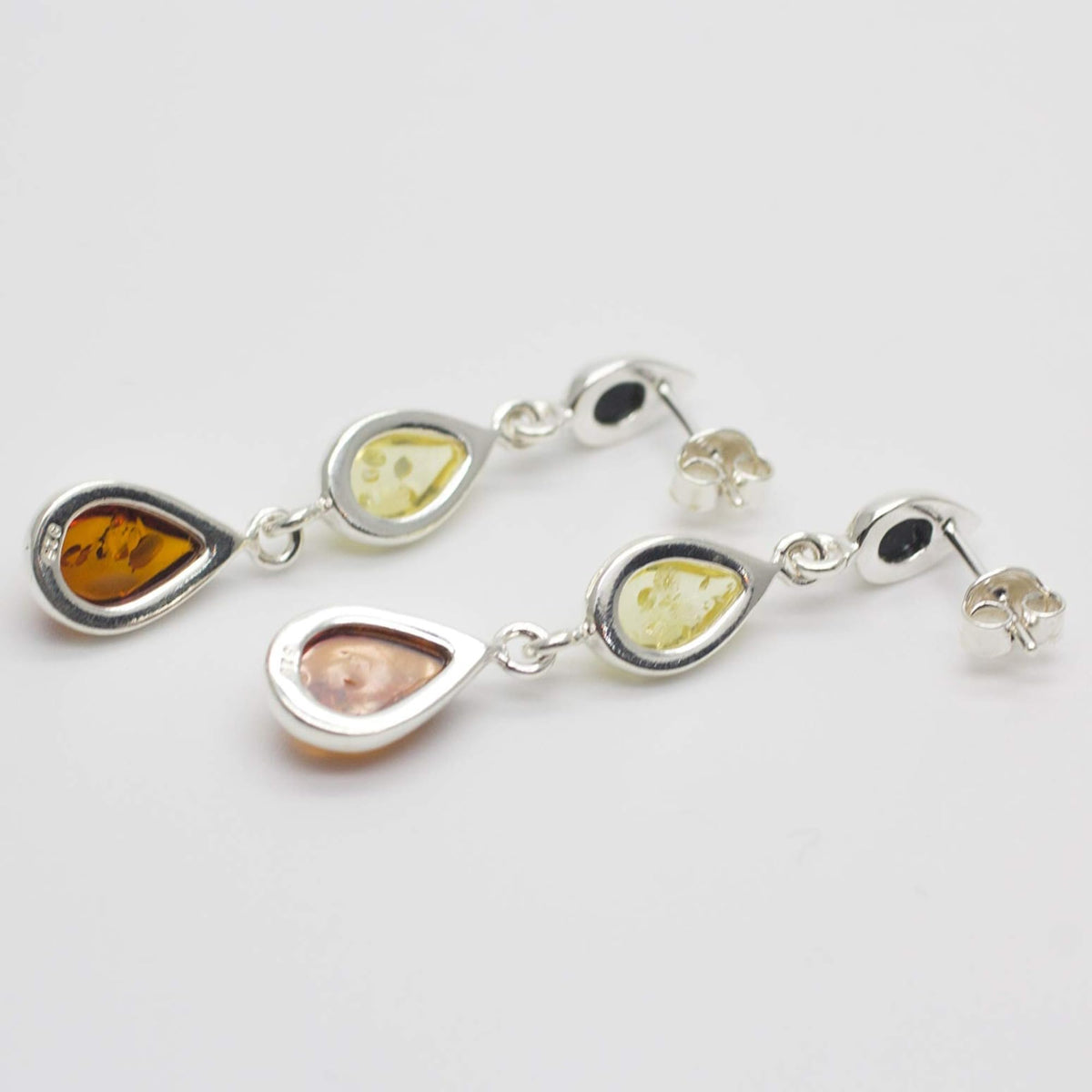 Amber Sterling Silver Earrings - Unusual Long Mixed Orange Yellow & Green Amber Fancy Dangly Drop 070405