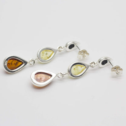 Amber Sterling Silver Earrings - Unusual Long Mixed Orange Yellow & Green Amber Fancy Dangly Drop 070405