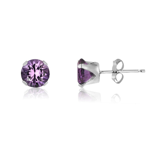 6MM Classic Brilliant Round Cut Cubic Zirconia (CZ) Sterling Silver Solitaire Stud Earring ##amethyst