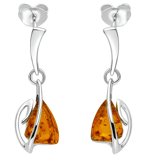 Amber Sterling Silver Earrings - Unusual Art Deco Amber Fancy Dangly Drop Earrings for Women - 925 Sterling Silver. 080417