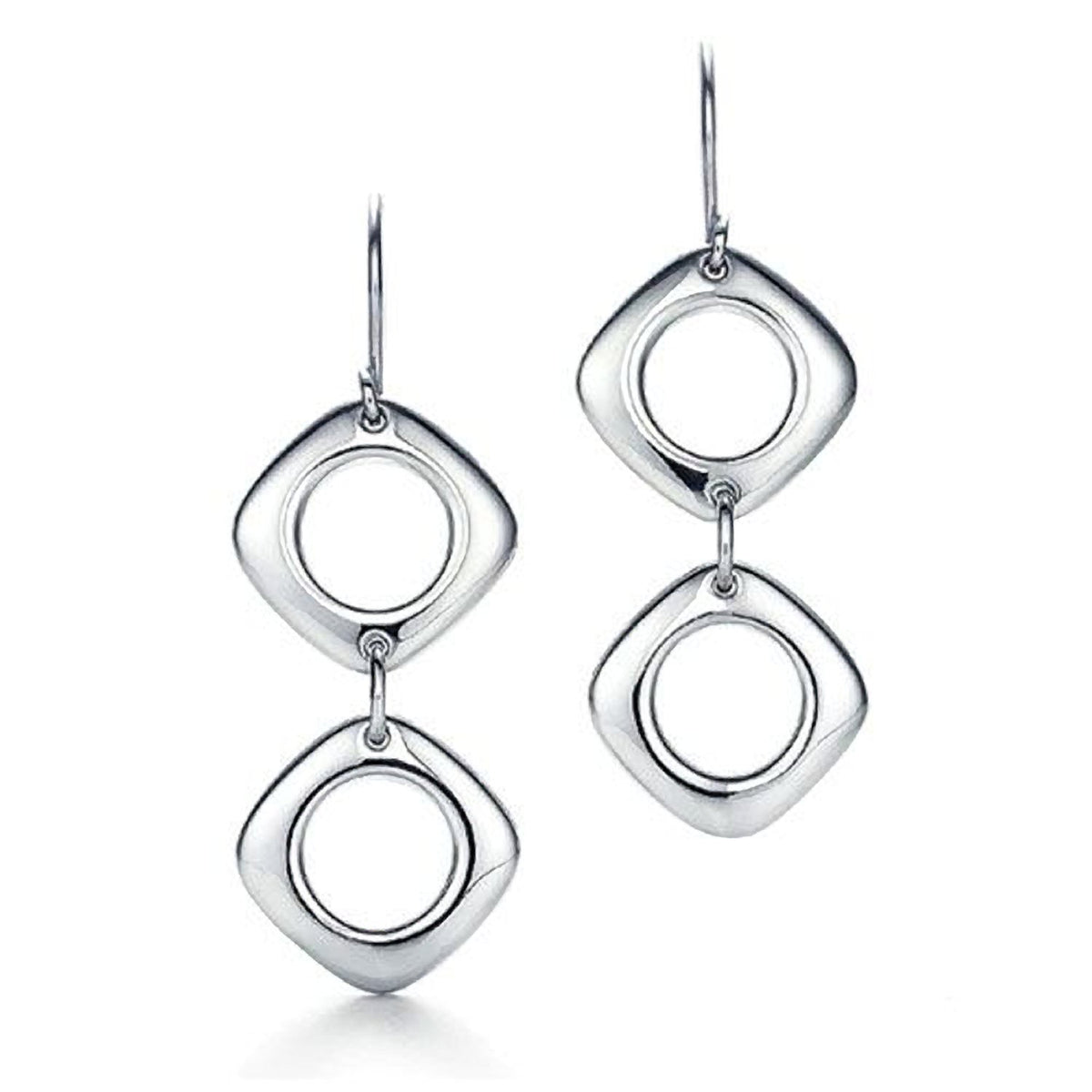 Cushion Style Dangly Drop Hook Earrings - Sterling Silver Plated - Designer Inspired