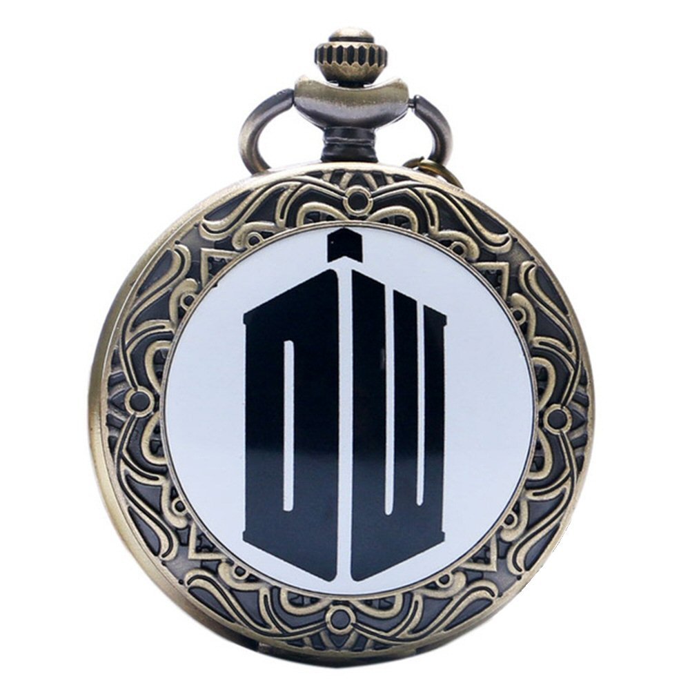 DR WHO Logo & Decorative Gallifrey Timelord Seal Bronze Effect Retro Case Full Hunter Mens/Boys Quartz Pocket Watch Necklace - On 32" Inch/ 80cm Chain