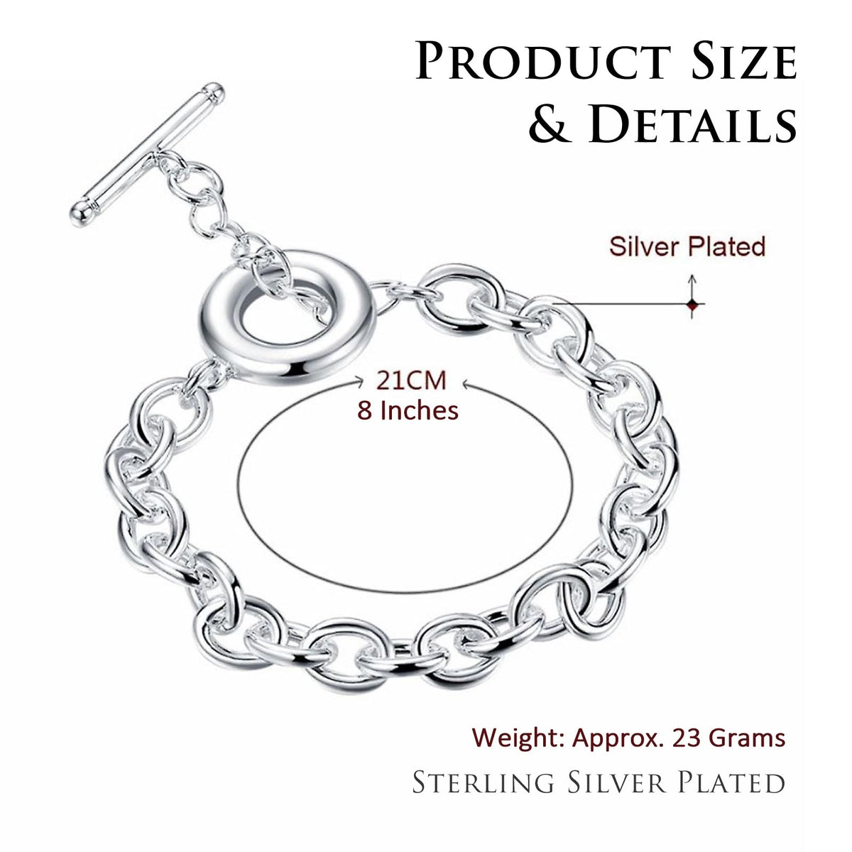 Toggle / T-Bar Link Bracelet - 8" inch - 925 Sterling Silver Plated