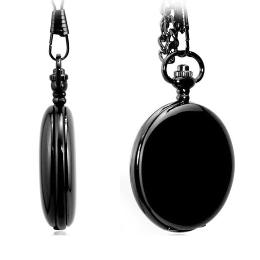 Plain Polished/Smooth Finish Full Hunter Quartz Pocket Watch Necklace - On 32" Inch / 80cm ##black