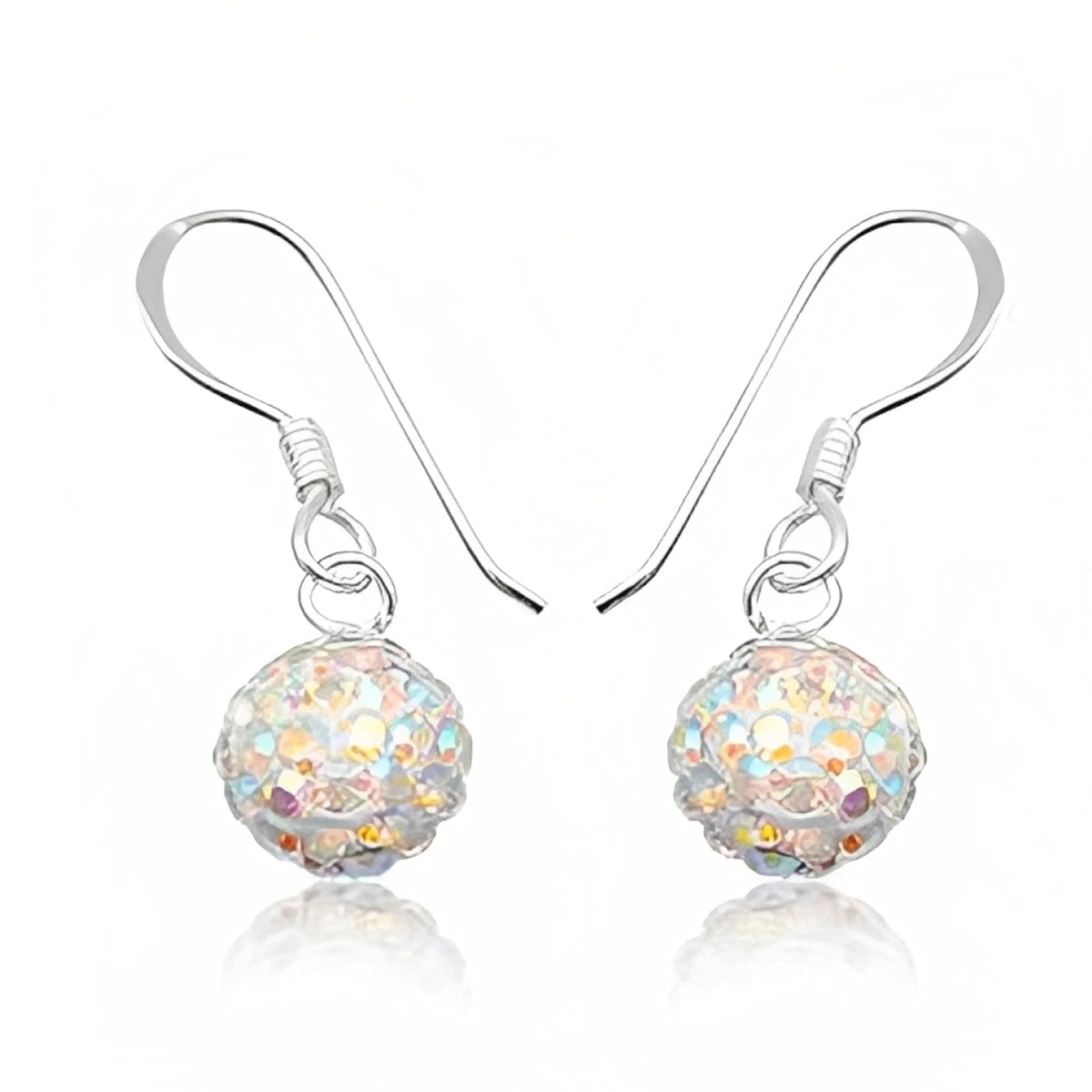 8MM Disco Ball Sterling Silver Dangly Drop Hook Earrings 