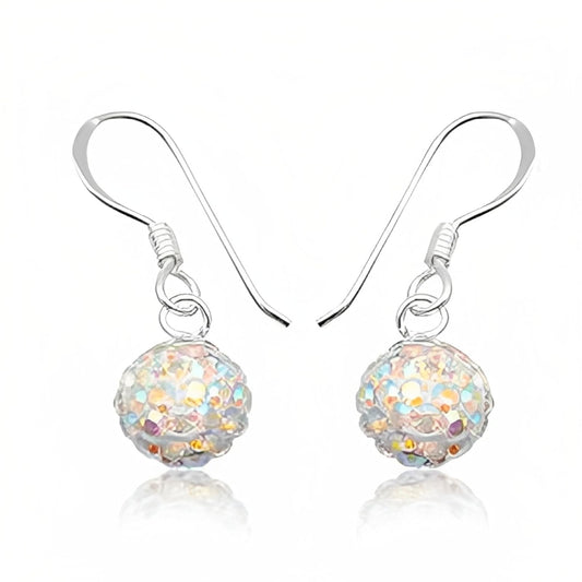 8MM Disco Ball Sterling Silver Dangly Drop Hook Earrings ##aurora-ab-rainbow