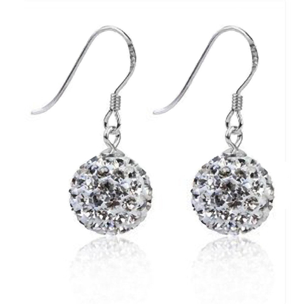 Bling 7MM WHITE Disco Ball Bling Style Sterling Silver Dangly Drop Hook Earrings - Austrian Crystal Earrings