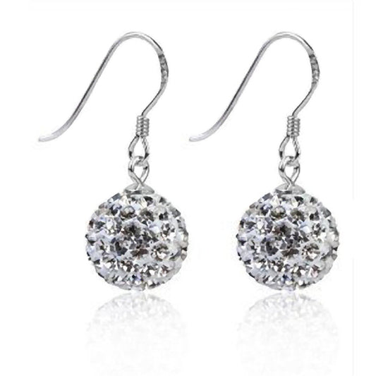 Bling 7MM WHITE Disco Ball Bling Style Sterling Silver Dangly Drop Hook Earrings - Austrian Crystal Earrings