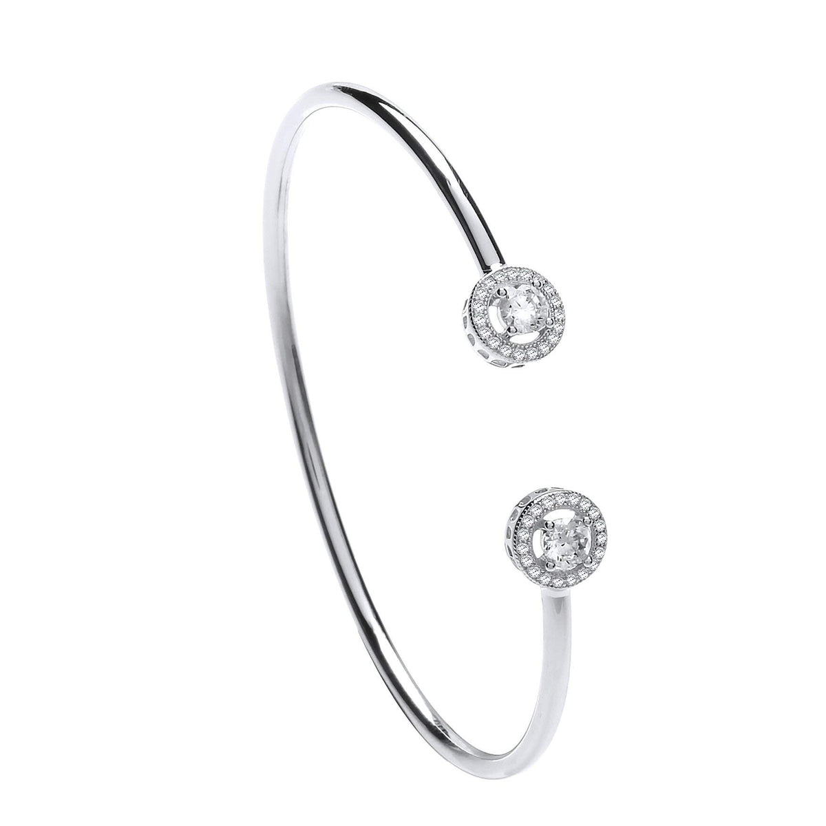 Open Cuff Torque Bangle Bracelet With White Cubic Zirconia (CZ) Set Halo for Women - 925 Sterling Silver