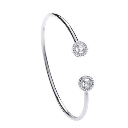 Open Cuff Torque Bangle Bracelet With White Cubic Zirconia (CZ) Set Halo for Women - 925 Sterling Silver