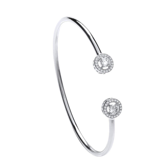 Open Cuff Torque Bangle Bracelet With White Cubic Zirconia (CZ) Set Halo for Women - 925 Sterling Silver