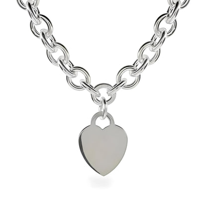 18" Inch Heart or Round Charm Tag Sterling Silver Plated Necklace for Women/Teenager/Girls on 18" Inch / 45cm Chain - Chunky Belcher Link Necklace with Charm Tag