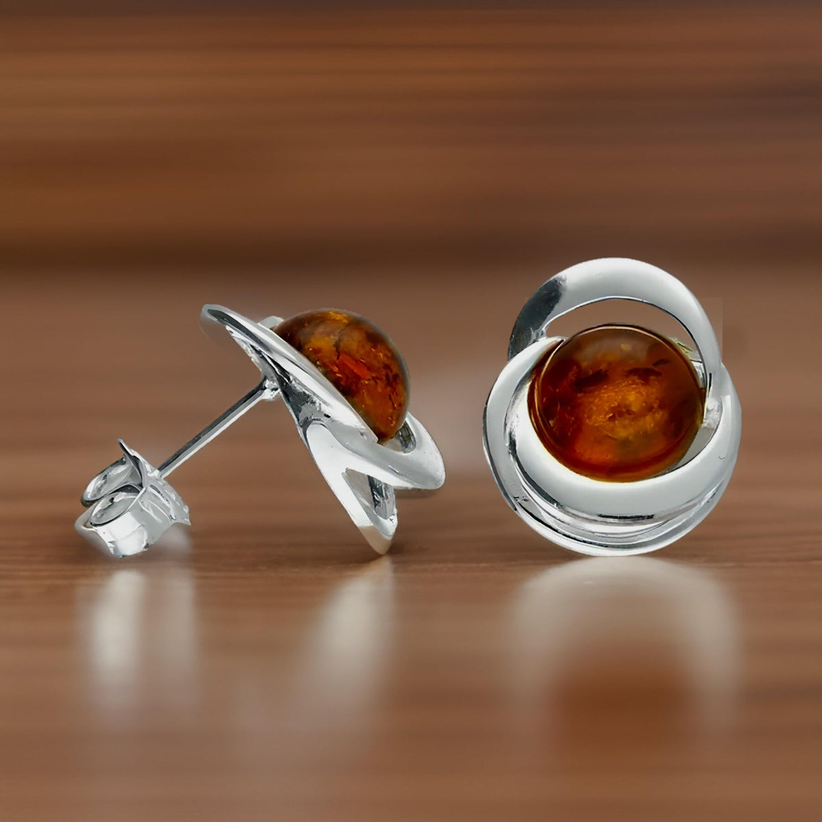 Honey Cognac Orange Amber Sterling Silver Stud Earrings/Ear Studs for Women Ladies Girls - 