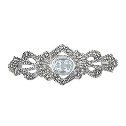 Marcasite & Gemstone Vintage/Antique Style Brooch Pin/Clip for Women Ladies - 925 Sterling ##blue-topaz
