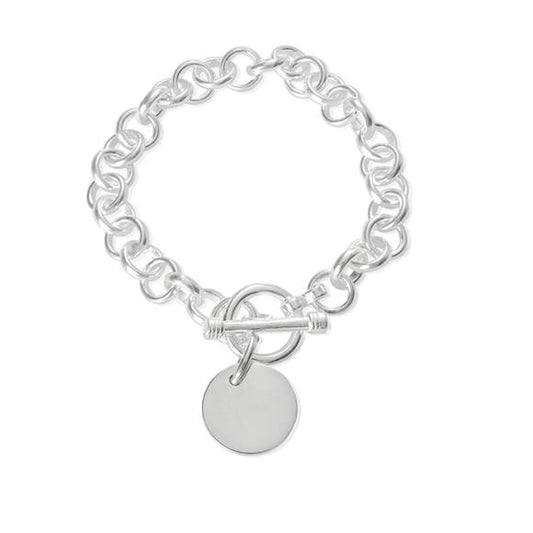 Round Belcher/Rolo (Medium) Link Bracelet With Silver Charm Tag & Toggle Clasp - 925 Sterl ##disc