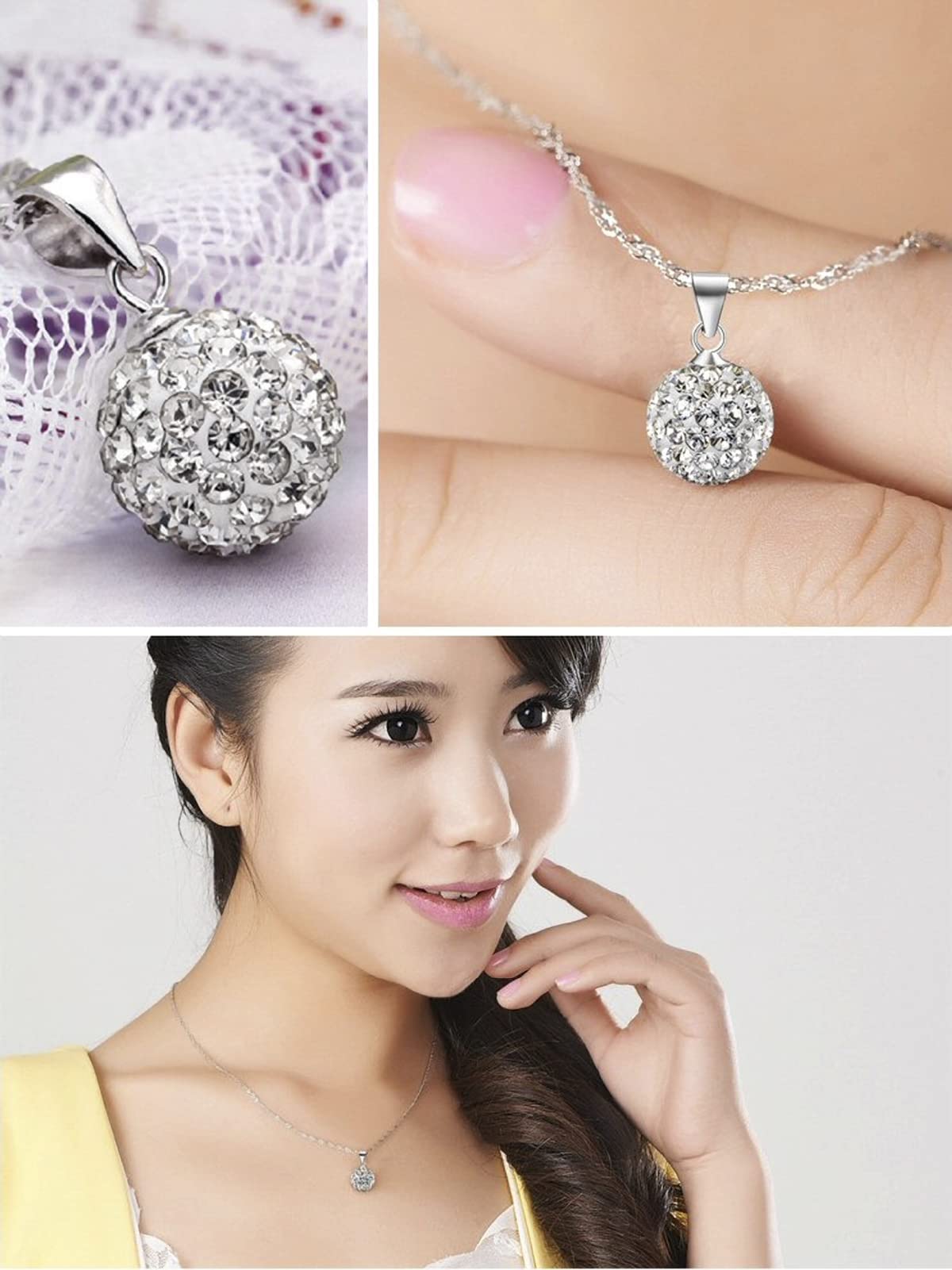 Shamballa Disco Ball Sterling Silver Pendant Necklace - 10MM Sparkly Austrian Crystals