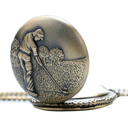 Golf/Golfing/Golfer Theme 3D Bronze Effect Quartz Pocket Watch Necklace - On 32" Inch / 80 
