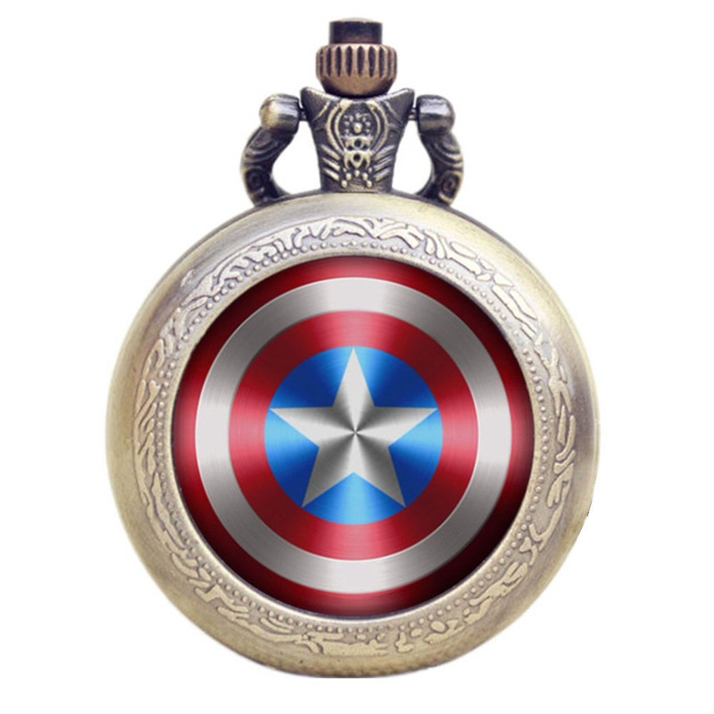 Captain America Shield Antique Bronze Effect Retro/Vintage Case Men's Quartz Pocket Watch Necklace - On 32" Inch/80cm Chain