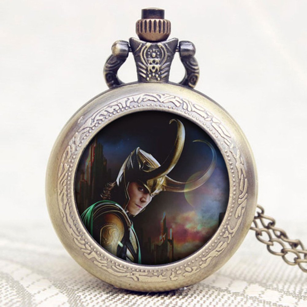 Loki Antique Bronze Effect Retro/Vintage Case Men's Quartz Pocket Watch Necklace - On 32" Inch / 80cm Chain