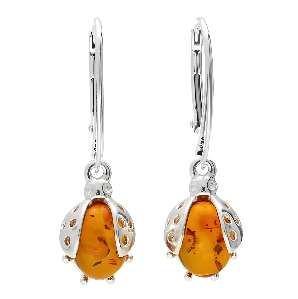 Cognac Amber Ladybird/Ladybug Fancy Dangly/Dangle Drop Silver Earrings for Women Ladies Girls - 925 Sterling Silver - Amber Earrings for Women. 070071