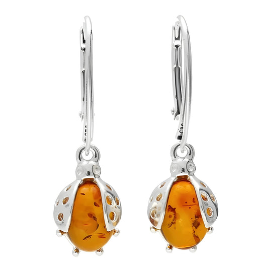 Cognac Amber Ladybird/Ladybug Fancy Dangly/Dangle Drop Silver Earrings for Women Ladies Girls - 925 Sterling Silver - Amber Earrings for Women. 070071